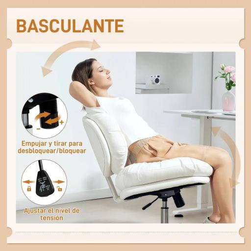 Silla de Oficina Piernas Cruzadas con Asiento Ancho Ruedas Altura Ajustable Doble Acolchado Función Basculante Blanco [4]