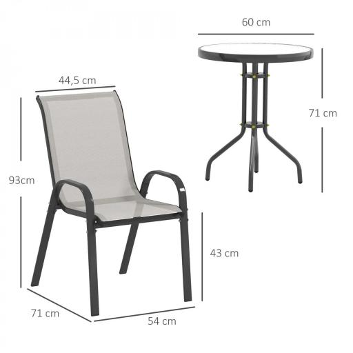 Conjunto de Jardín de 3 Piezas con Mesa Redonda Encimera de Vidrio y Sillas Apilables para Exteriores Gris Claro [1]