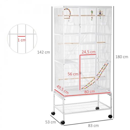 Jaula para Pájaros con Ruedas con Comederos Perchas Columpio Estante y Bandeja Extraíble 83x53x180 cm Blanco [1]