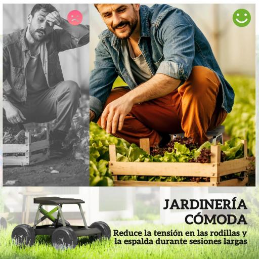 Asiento de Jardín con Ruedas Taburete de Jardinería con Bandeja de Herramientas Carga 130 kg 50x49x32 cm Negro [5]