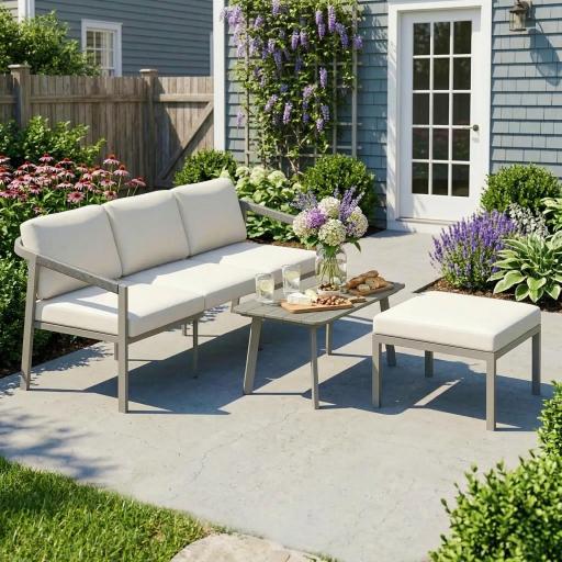 Conjunto de Jardín Exterior de 3 Piezas con Sofá de 3 Plazas Reposapiés Mesa de Centro y Cojines Marrón y Beige [3]