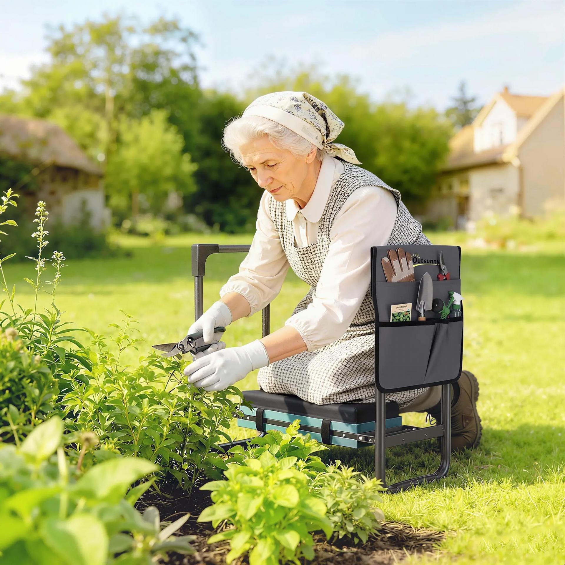 Taburete de Jardín Plegable con Almohadilla de Espuma EVA Asiento de Jardín con Bolsa para Herramientas Gris Oscuro