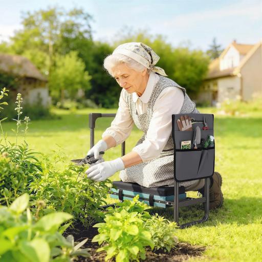 Taburete de Jardín Plegable con Almohadilla de Espuma EVA Asiento de Jardín con Bolsa para Herramientas Gris Oscuro