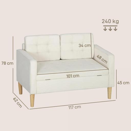 Sofá de 2 Plazas con Espacio de Almacenamiento Patas de Madera Respaldo Capitoné 117x62x78 cm Crema [1]