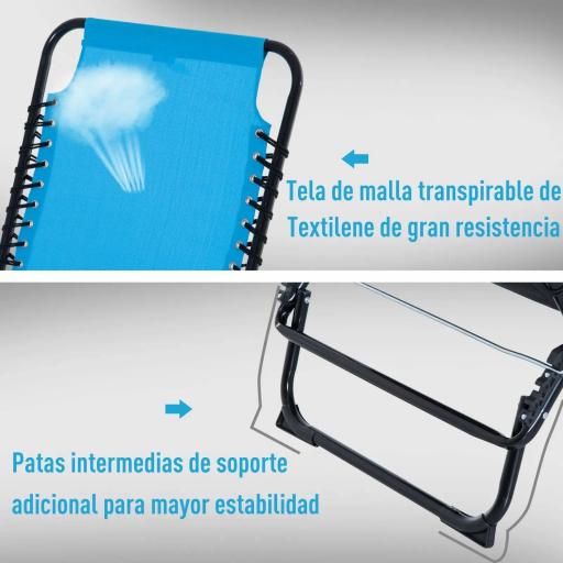 Tumbona Plegable, Tumbona Jardín Exterior Reclinable 4 Posiciones con Reposacabezas y Marco de Acero, Carga 120 kg, para Terraza, Piscina, Playa, 189x58x30 cm, Azul Claro [3]