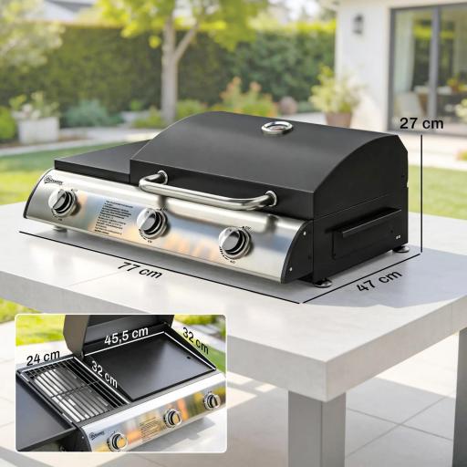 Barbacoa de Gas BBQ Gas con 3 Quemadores 7,5 kW con Parrilla Plancha Estante Lateral Convertible Termómetro Negro [4]