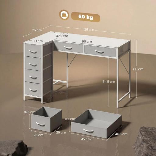 Escritorio Esquinero Reversible con 6 Cajones 126x48 cm con Toma de Corriente Puerto de Carga USB y USB-C Blanco [1]