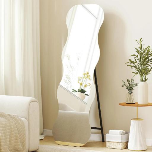 Espejo de Pie Cuerpo Entero sin Marco Espejo de Pie Forma Ondulada con Soporte y Base de Madera 50x2,7x160 cm Negro [0]