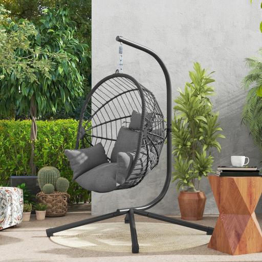 Silla Colgante Huevo con Soporte con Cesta Plegable Cojín y Reposacabezas para Interior y Exterior Carga 120 kg Gris [5]