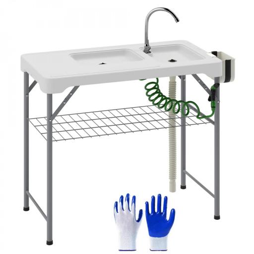 Mesa Plegable para Camping con 2 Fregaderos Manguera de Drenaje Estación de Limpieza y Grifo Blanco [8]