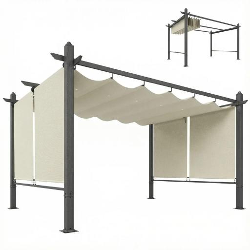 Pérgola de Jardín 4x3 m con Cortinas Enrollables Automáticas y Techo Retráctil Cenador de Jardín con UPF50+ Crema [8]