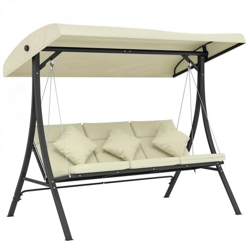 Balancín de Jardín Exterior Columpio de 3 Plazas con Toldo Ajustable y Marco de Acero 202x115x168 cm Beige [8]