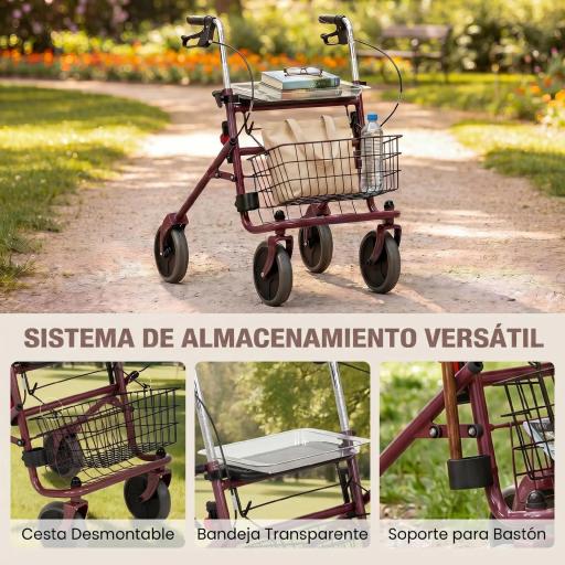 Andador para Ancianos Plegable con Asiento 4 Ruedas Altura Ajustable Frenos de Maneta Cesta Bandeja Porta Bastón Rojo [4]