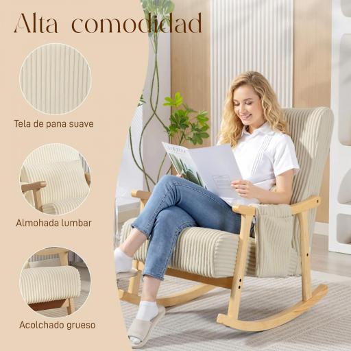 Silla Mecedora de Pana con Cojín Lumbar Patas y Reposabrazos de Madera de Caucho Bolsillo Estilo Moderno Beige [5]