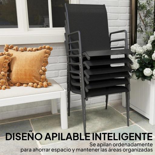 Juego de 6 Sillas de Jardín Exterior Apilables con Reposabrazos Asiento y Respaldo de Malla Estructura de Metal Negro [5]