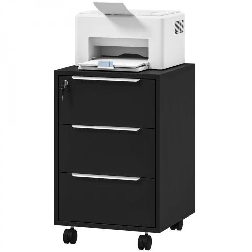 Cajonera de Escritorio con 3 Cajones Ruedas Cerradura y 2 Llaves para Estudio Salón 40x40x63,5 cm Negro [8]