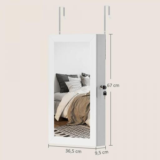 Espejo Joyero de Pared con Cerradura y Varios Compartimentos Montar en Pared o Puerta Blanco y Forro Crema [6]