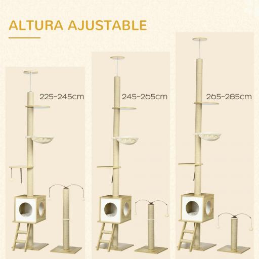 Árbol para Gatos de Suelo a Techo con Altura Ajustable y Juego de Entretenimiento Libre 40x40x225-285 cm Beige [3]
