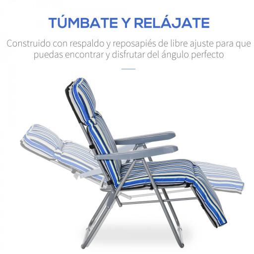  2 Tumbonas de Jardín de Acero con Cojín Acolchado Respaldo Ajustable y Reposapiés 60x75x65-102 cm Rayas Azul [5]