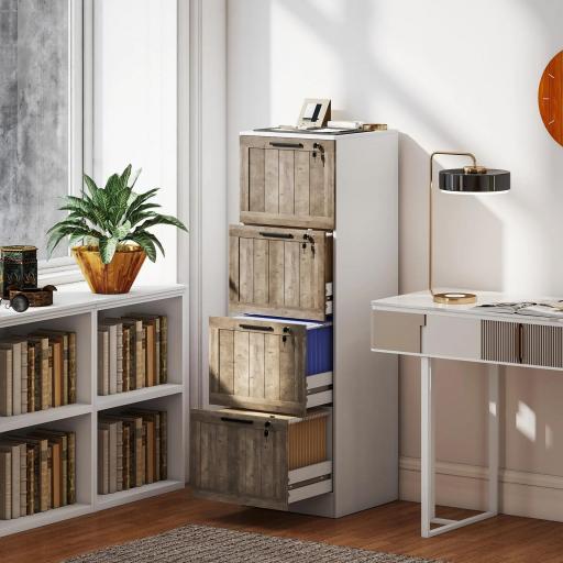 Cajonera de Escritorio con 4 Cajones Cerradura 2 Llaves Barras Colgantes para A4 Carta 39,4x40x129 cm Blanco y Madera