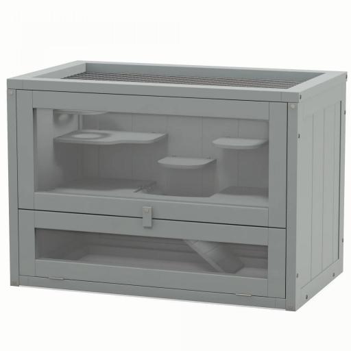 Jaula para Hámster de Madera de 2 Niveles Casa para Animales Pequeños con Plataformas Escaleras 60x35x42 cm Gris [9]