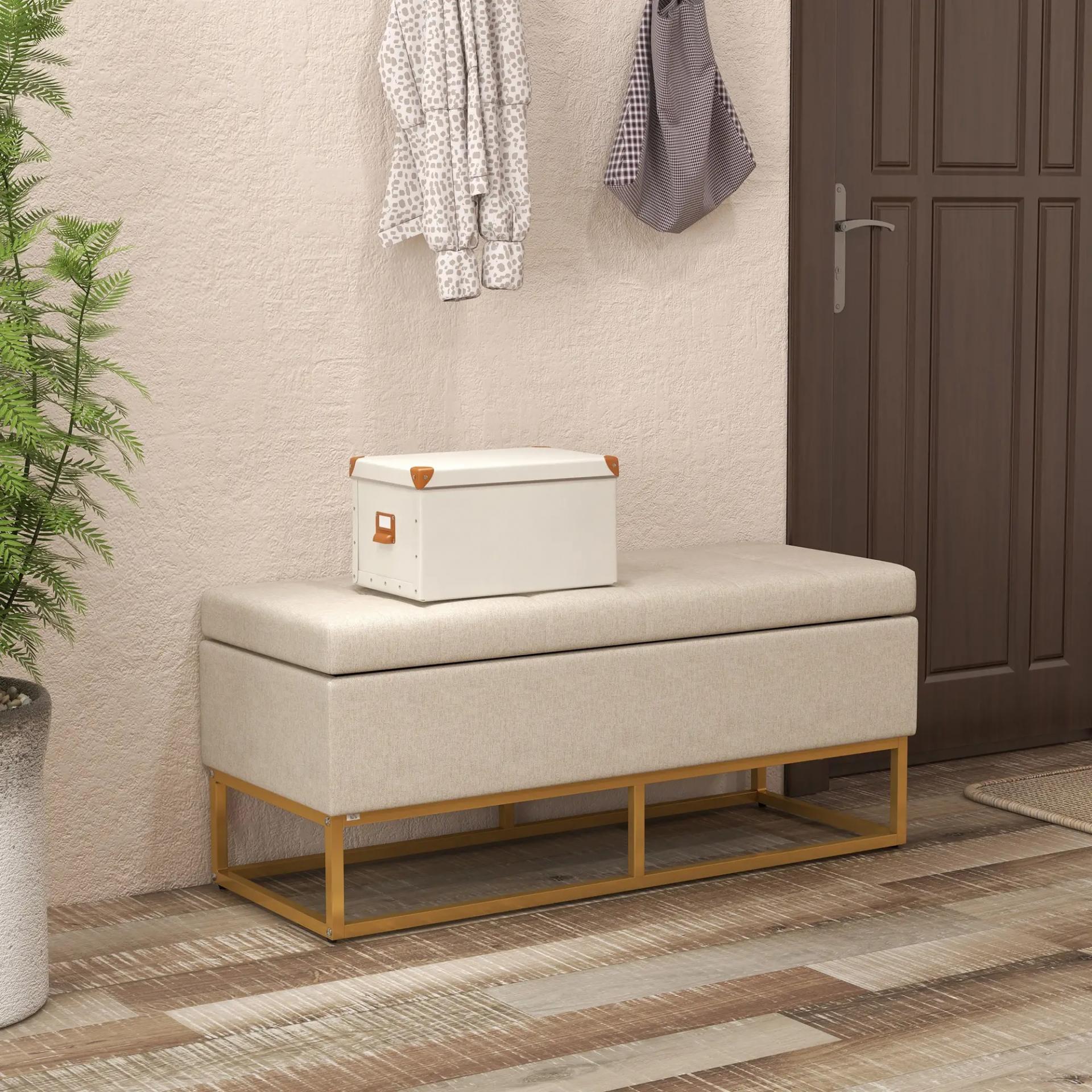Banqueta con Almacenamiento Banco Rectangular Tapizado en Lino con Tapa Abatible y Patas de Acero 110x44x48 cm Beige