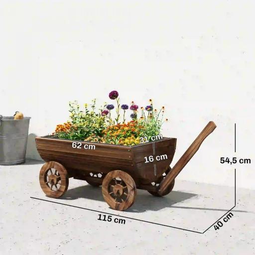 Carrito de Madera con 4 Ruedas y Mango Jardinera Exterior con Orificio de Drenaje 115x40x54,5 cm Carbonizado [1]