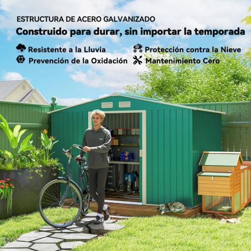 Cobertizo de Jardín 4,9 m² 277x195x192 cm con 2 Puertas Corredizas Base Refuerzo (Suelo NO Incluido) Verde Oscuro [6]