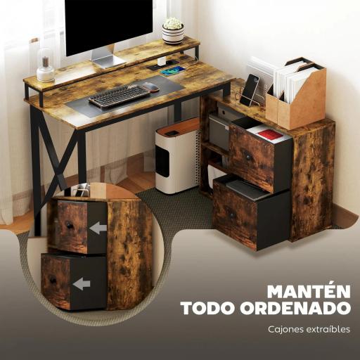 Escritorio Industrial con Luces LED y Estación de Carga con Patas Ajustables y Soporte en X 130x110x91 cm Madera Rústica [2]