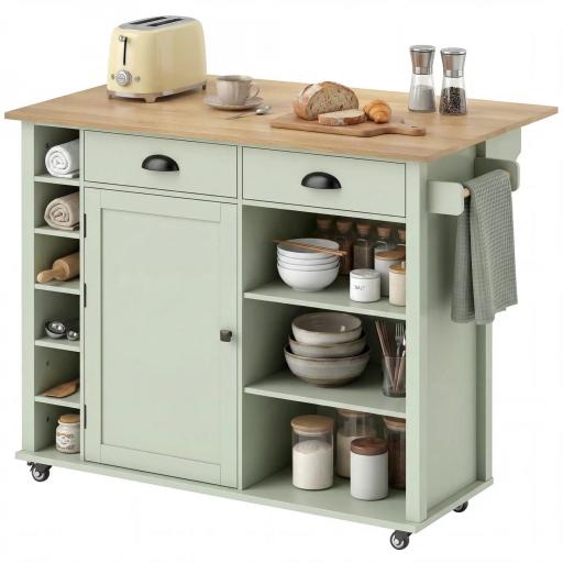 Isla de Cocina con Ruedas Tapa Abatible Especiero Toallero Armario 2 Cajones 117,5x70x91 cm Verde Claro [8]