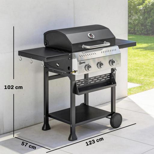 Barbacoa de Gas con 3 Quemadores Termómetro Parrilla Mesas Laterales Plegables Estante y Ruedas 123x57x102 cm Negro [1]