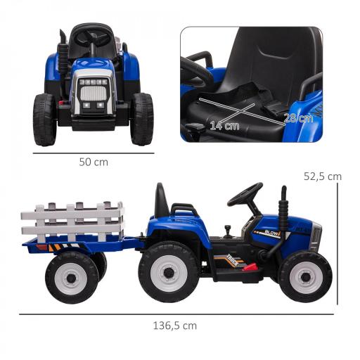 Tractor Eléctrico con Remolque para Niños 3-6 Años con Control Remoto y Cinturón de Seguridad 136,5x50x52,5 cm Azul [1]