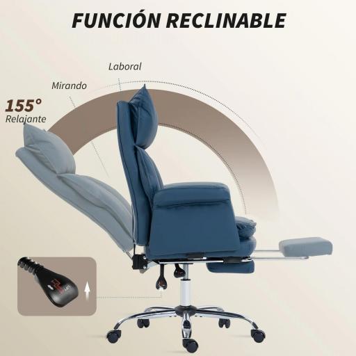 Silla de Escritorio con Reposapiés Respaldo Reclinable Alto Acolchado Grueso Tapizada en Cuero Sintético Ruedas Azul [4]