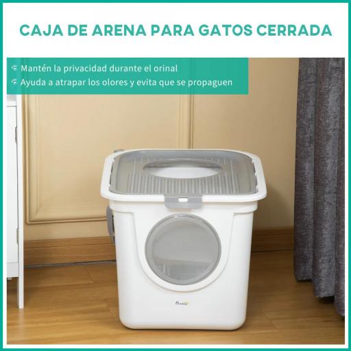 Arenero para Gatos Cubierto con Pala Inodoro para Gatos con 2 Puertas Principal y Superior 44x55x39 cm Blanco y Gris [6]