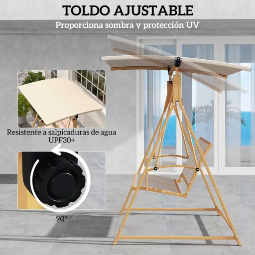 Columpio de Jardín de 2 Plazas con Toldo Ajustable y Estructura Triangular de Metal Carga 220 kg 160x112x162 cm Caqui [2]