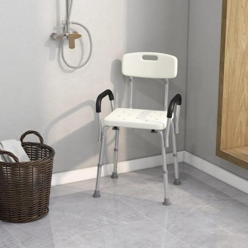 Silla de Ducha para Personas Mayores con Respaldo Altura Regulable Antideslizante y Apoyabrazos Carga 136 kg