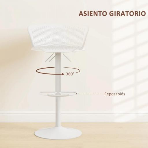 Conjunto de 2 Taburetes Altos de Cocina Giratorios con Respaldo y Altura Ajustable Carga 120 kg para Bar Salón Blanco [5]