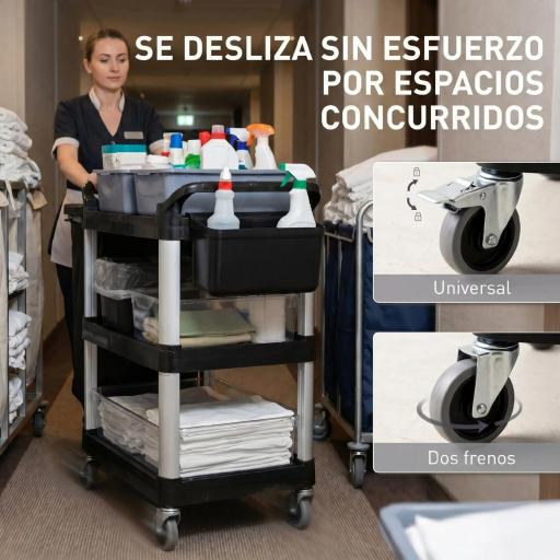 Carro de Limpieza con Ruedas con 3 Estantes 2 Contenedores y Cubo Lateral Colgante Carga 100 kg Negro [7]