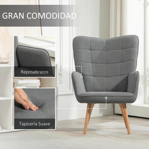 Butaca de Dormitorio con Respaldo Alto Reposabrazos Tela de Lino y Patas de Madera para Sala de Estar 71x76x101 cm Gris [2]