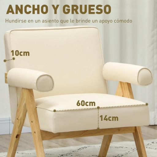 Sillón de Salón Tapizado en PU con Reposabrazos y Marco de Madera de Caucho para Dormitorio Carga 120 kg Crema [2]