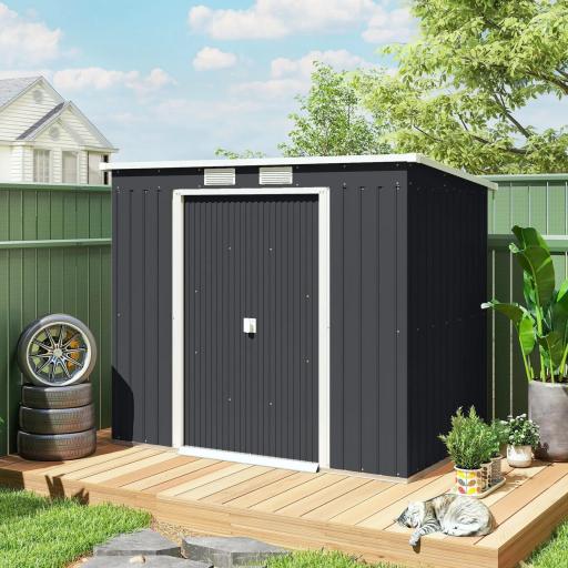 Cobertizo de Jardín Exterior 2,4 m² 213x130x172 cm con Puerta Corredera Techo Inclinado Base sin Suelo y Ventanas Gris [3]