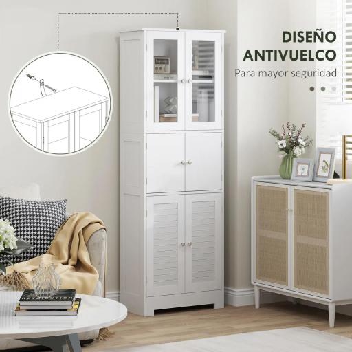 Mueble Auxiliar de Baño con 6 Puertas Estantes Ajustables Antivuelco Armario de Baño Moderno 60x30x170,5 cm Blanco [3]