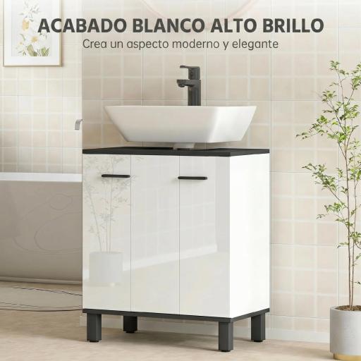 Mueble Bajo Lavabo con 2 Puertas y Estante Ajustable para Lavabo con o sin Pedestal 60x34x70 cm Blanco Brillo [8]