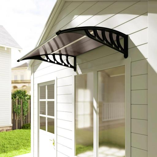 Marquesinas Exterior para Puertas y Ventanas, 103x96,5 cm, Tejadillo de Protección contra Sol y Lluvia, con Cubierta de Policarbonato, Soportes de PP y Regleta de Aluminio, Marrón [3]