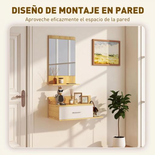 Conjunto de Recibidor de Entrada de Pared con Espejo y Almacenaje Espejo con Cajón y 2 Estantes Abiertos Madera Natural [4]