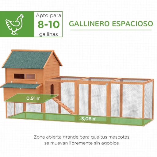 Gallinero de Exterior de Madera para 8-10 Gallinas con 2 Nidos Bandeja Extraíble y Rampa 347x160x150 cm Madera natural [5]