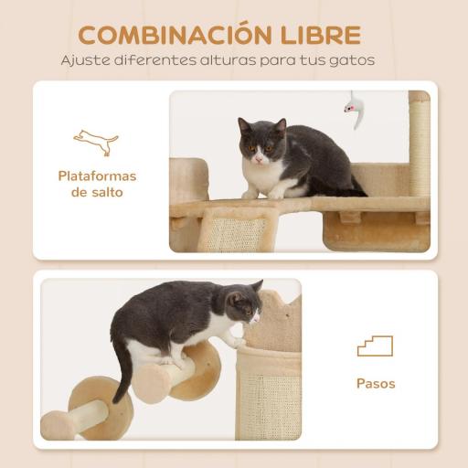 Rascador de Pared para Gatos de 4 Piezas con Postes de Sisal Plataforma para Saltar Bola de Juguete Beige [4]