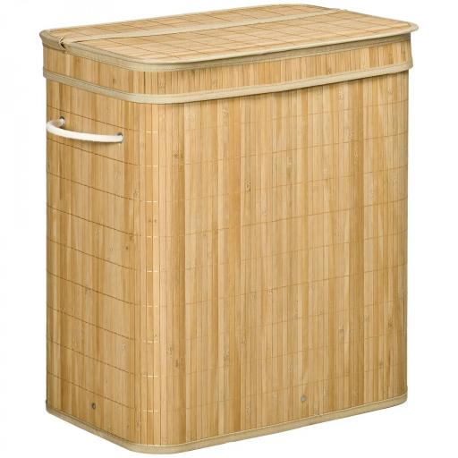 Cesto de Ropa Sucia 90 L de Bambú con 2 Compartimentos Asas Bolsa Interior Extraíble 54,2x35,2x59,5 cm Natural [9]