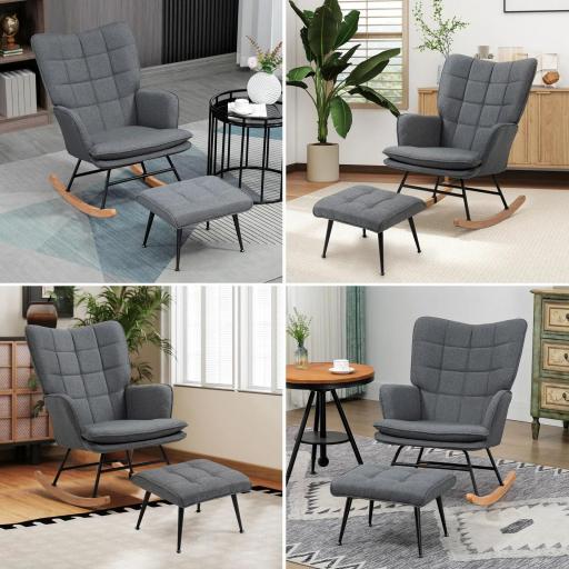 Silla Mecedora con Reposapiés Cojín Acolchado y Antivuelco Carga 130 kg 64x89x90 cm Gris [6]