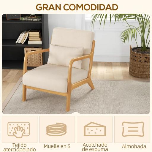 Butaca Nórdica Sillón de Salón Acolchado con Reposabrazos Cojín y Marco de Madera de Caucho 61x78x76 cm Beige [2]